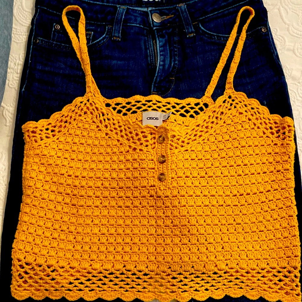 Asos size 4/S crochet knitted yellow tank top beach/hippie/festival/retro/60s